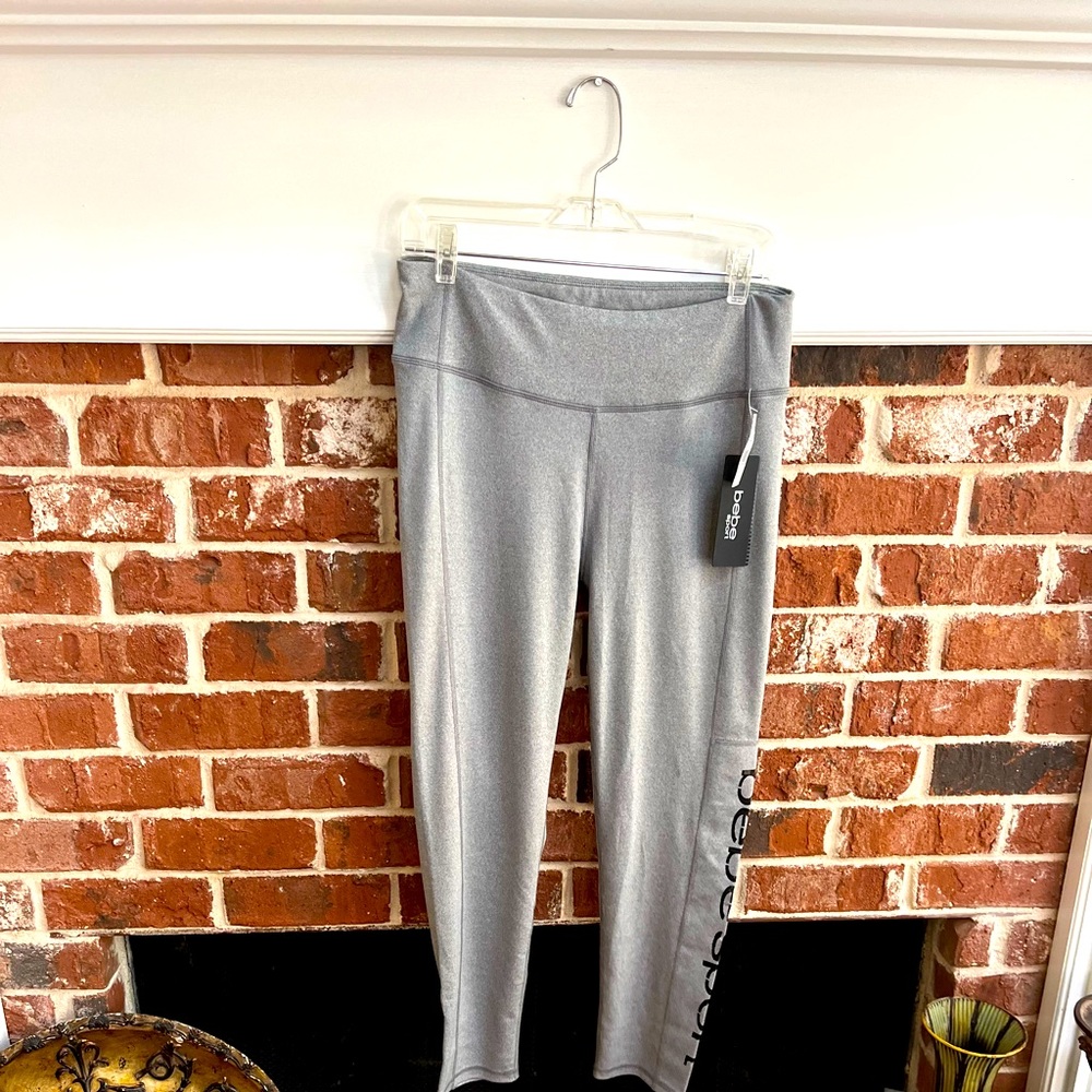 Bebe Sport Gray Leggings with Logo.  Size L NWT